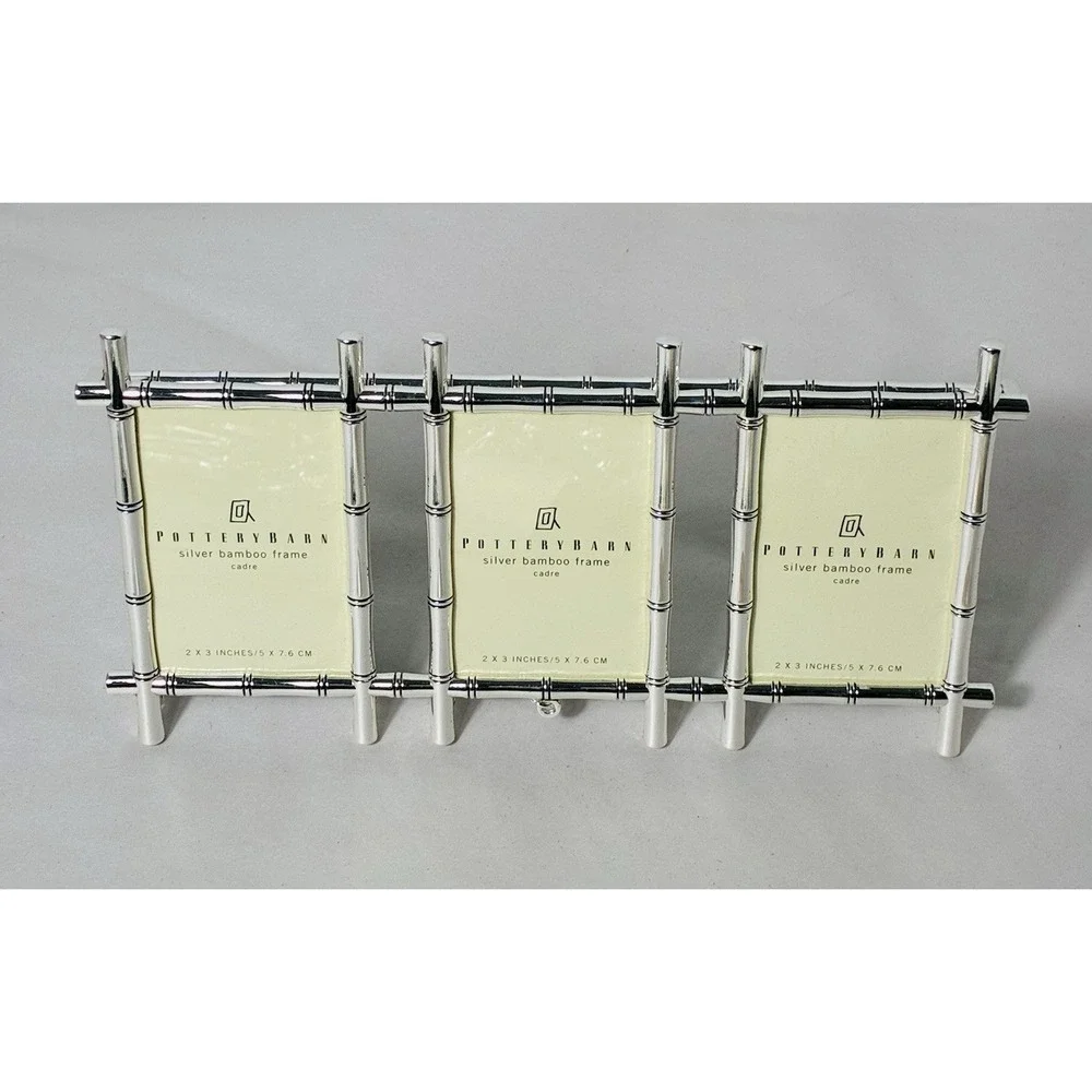 NEW Pottery Barn Silver Bamboo Picture Frame Silver Plated 3 Photo Small